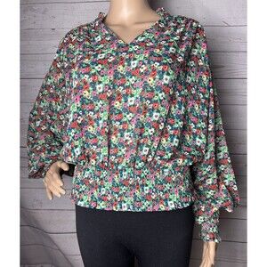Rachel Zoe Blouse Semi-Sheer Colorful Floral Print